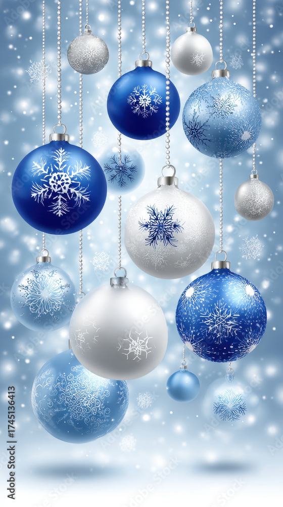 Fototapeta premium Christmas ornaments hanging with snowflakes on a blue background. Festive Christmas ornaments in blue and white with snowflake details, perfect for holiday greetings and celebrations.