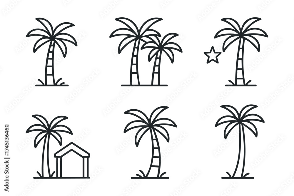 Naklejka premium Outline of palm trees and a hut for beach scene design. Set of 6 black Christmas icons