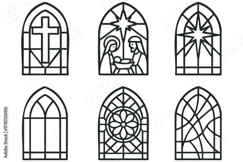 Stained glass designs for religious themes and events. Set of 6 black Christmas icons