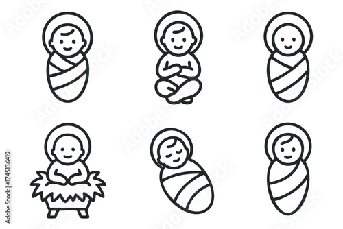 Simple icons of newborns in swaddling clothes for creative projects. Set of 6 black Christmas icons