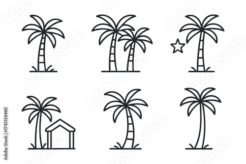 Outline of palm trees and a hut for beach scene design. Set of 6 black Christmas icons