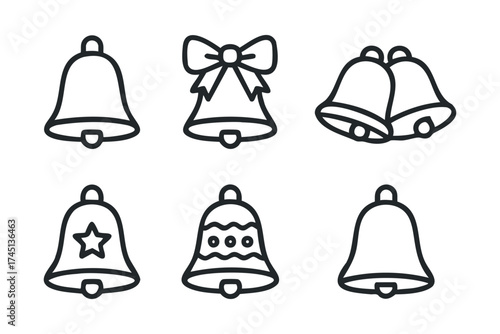 Decorative bells with various designs for festive occasions. Set of 6 black Christmas icons