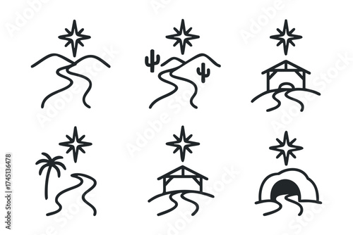 Desert landscape icons with stars and various elements. Set of 6 black Christmas icons