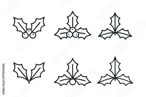 Elegant holly leaf designs for festive decoration and craft projects. Set of 6 black Christmas icons