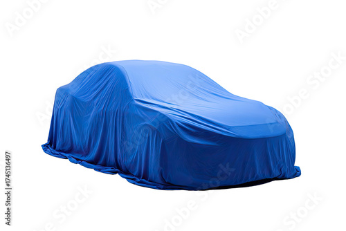 A sleek, modern automobile, covered in a draped, vibrant blue cloth, presented against a black backdrop