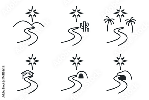 Scenic desert landscapes with starry skies and winding paths. Set of 6 black Christmas icons