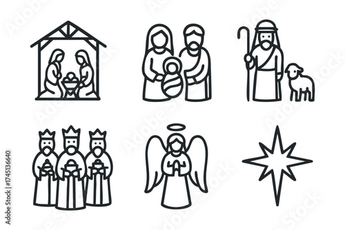 Iconic scenes of the nativity story for Christmas celebration design. Set of 6 black Christmas icons