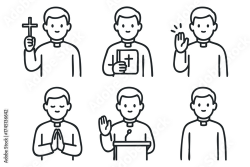 Religious symbols and gestures by a clergyman for spiritual connection. Set of 6 black Christmas icons