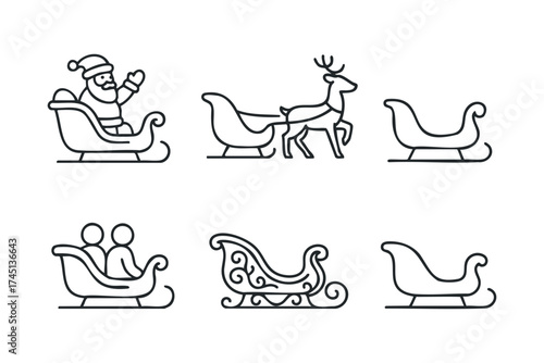 Santa and reindeer sleighs for festive winter celebrations. Set of 6 black Christmas icons