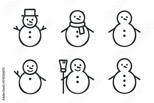 Cheerful snowman characters for winter celebration designs. Set of 6 black Christmas icons