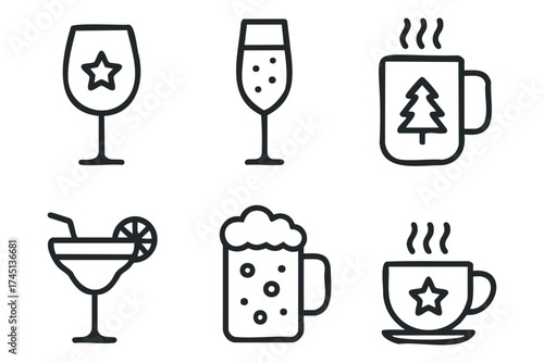 Festive drink ideas for social gatherings. Set of 6 black Christmas icons