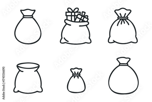 Creative collection of bags for gifts and storage ideas. Set of 6 black Christmas icons