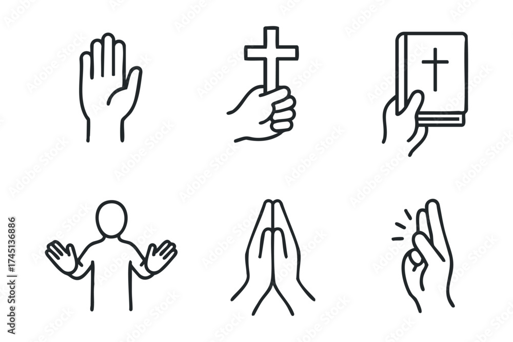 Fototapeta premium Symbols of faith and prayer for spiritual reflection. Set of 6 black Christmas icons
