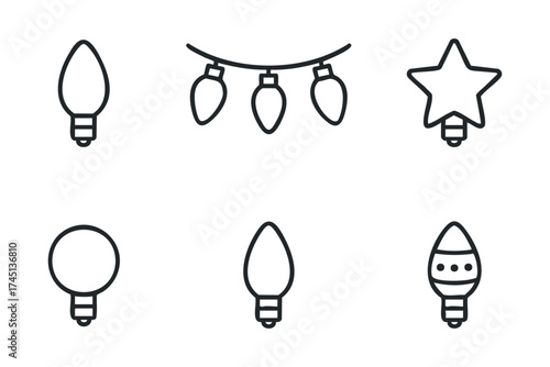 Decorative holiday lights for festive celebration designs. Set of 6 black Christmas icons