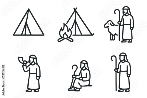 Biblical camping life tents and shepherds illustrated. Set of 6 black Christmas icons