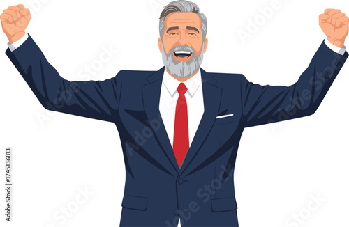 Older businessman, gray hair, celebration pose, success concept, triumphant expression, corporate achievement, excited character, professional suit, victory gesture, joyful emotion,
