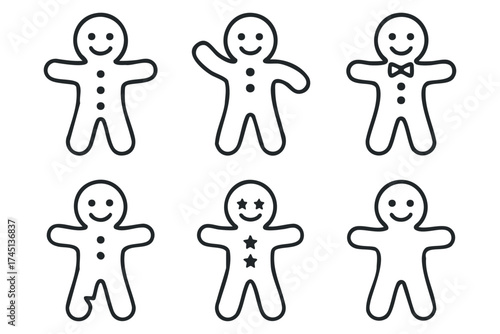 Gingerbread man characters for holiday decorations or playful designs. Set of 6 black Christmas icons