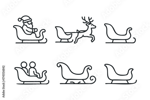 Sleigh illustrations featuring Santa, reindeer, and festive characters. Set of 6 black Christmas icons