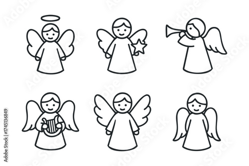 Six cheerful angels with various attributes for festive themes. Set of 6 black Christmas icons