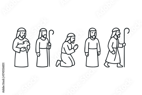 Scenes from a shepherds journey in a pastoral setting. Set of 6 black Christmas icons