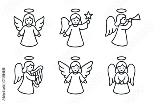 Angel illustrations for holiday decorations and design projects. Set of 6 black Christmas icons