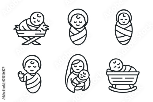 Depictions of newborns in different settings and poses. Set of 6 black Christmas icons