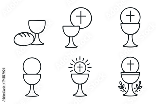 Illustrations of communion elements for religious ceremonies. Set of 6 black Christmas icons