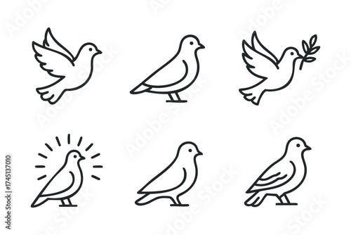 Simple line drawings of birds with different poses and meanings. Set of 6 black Christmas icons