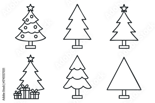 Various designs of Christmas trees for holiday decoration ideas. Set of 6 black Christmas icons
