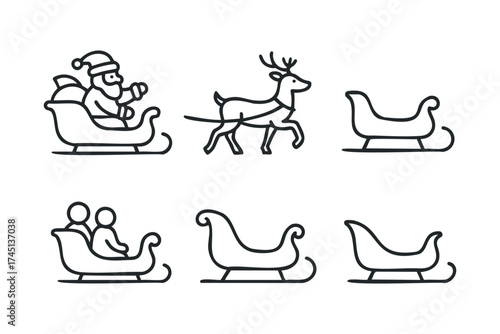 Holiday sleigh design for festive celebration and decorations. Set of 6 black Christmas icons
