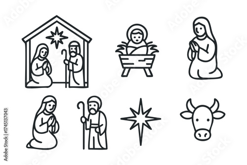 Nativity scene with animals and holy figures celebrating Christmas. Set of 6 black Christmas icons