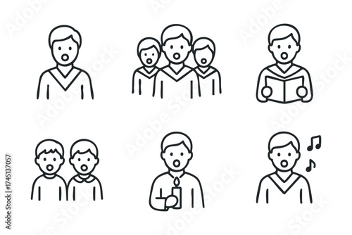 Group of people engaging in various activities, singing and reading. Set of 6 black Christmas icons