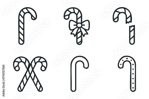 Candy cane designs for holiday season decorations or crafts. Set of 6 black Christmas icons