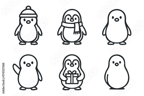 Cute penguins in winter attire for holiday greetings and designs. Set of 6 black Christmas icons