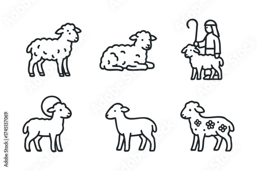 Illustrations of playful sheep and shepherd in a pastoral scene. Set of 6 black Christmas icons