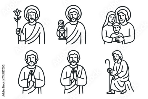Religious figures representing compassion and guidance in simple style. Set of 6 black Christmas icons