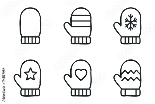 Different designs of colorful mittens for winter season activities. Set of 6 black Christmas icons