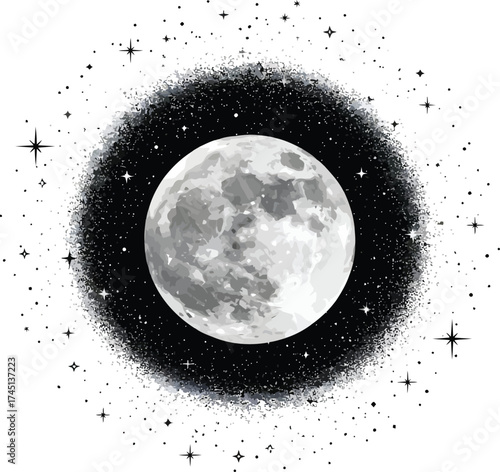 Vector art of a detailed illustration of a full moon surrounded by a halo of stars and cosmic dust, isolated on a