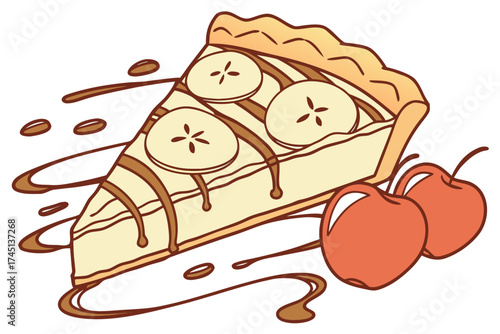 Apple pie slice with caramel drizzle and fresh apples on the side  