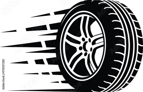 Vector art of a black and white illustration of a car tire with motion lines indicating speed, isolated on a