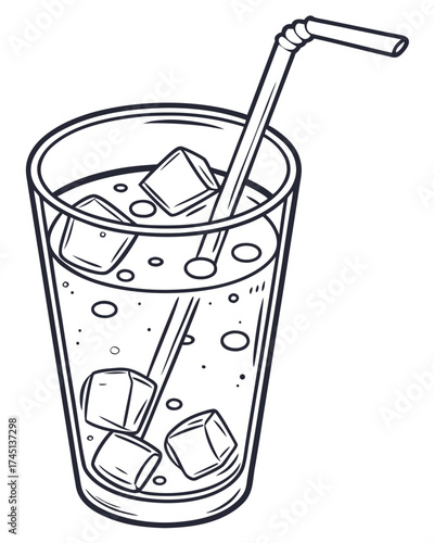 Line drawing of a drink with ice cubes and straw in a glass  