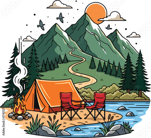 Vector art of vibrant illustration of a campsite nestled beside a serene lake, with majestic mountains and a winding path under a warm sun, evoking a sense of adventure and tranquility