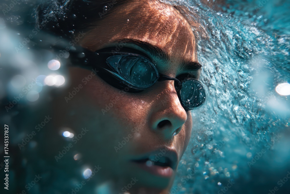 Fototapeta premium Surface-Level Portrait of Woman Swimming with Goggles