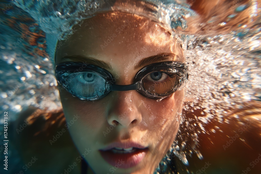 Fototapeta premium Surface-Level Portrait of Woman Swimming with Goggles
