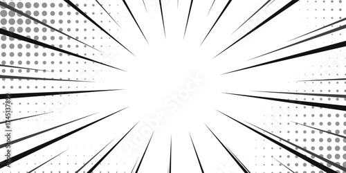 Comic book black and white radial lines background. Manga speed frame. Super hero action. Vector illustration.