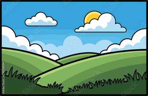 Vector art of a vibrant cartoon landscape featuring rolling green hills under a bright blue sky with fluffy white clouds and a smiling sun, evoking a sense of peace and nature