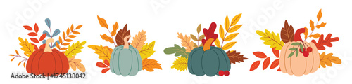 Set of autumn compositions with pumpkins, leaves, and berries. Fall season clip art elements. Hand drawn composite illustrations for design, vector graphics