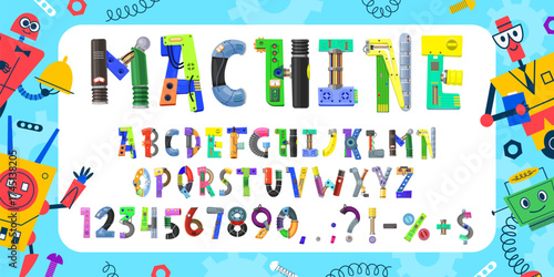 Kids robot font, mechanic type letters alphabet vector typography set. Cartoon gears, mechanical wheels and machine parts font letters and numbers with cute kids robot characters, bolts and springs