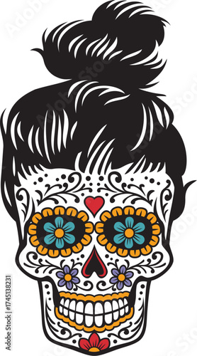 Day of Dead Woman Skull Color. Vector Illustration.