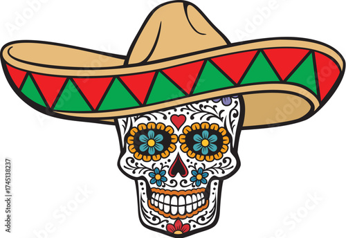 Dey of Dead Skull with Sombrero Hat Color. Vector Illustration.